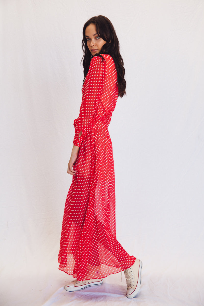 Red polka dot maxi on sale dress